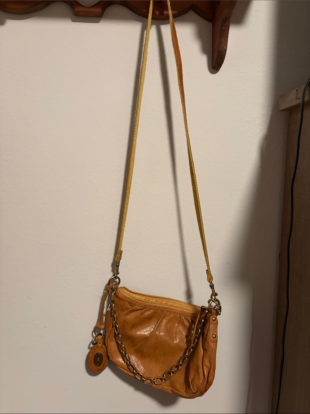 Fossil Cognac Leather Crossbody with Chain Accent